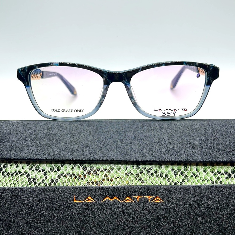 NWOT. La Matta of Italy Optical frames. Navy blue frames with leather wrapped